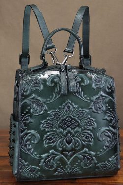 Classy Brown Emboss Rivet Calf Leather Backpack Bag