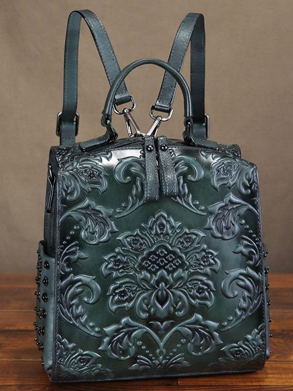 Classy Brown Emboss Rivet Calf Leather Backpack Bag