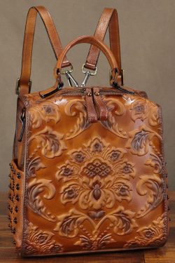 Classy Brown Emboss Rivet Calf Leather Backpack Bag