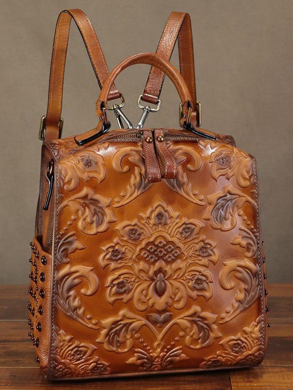 Classy Brown Emboss Rivet Calf Leather Backpack Bag