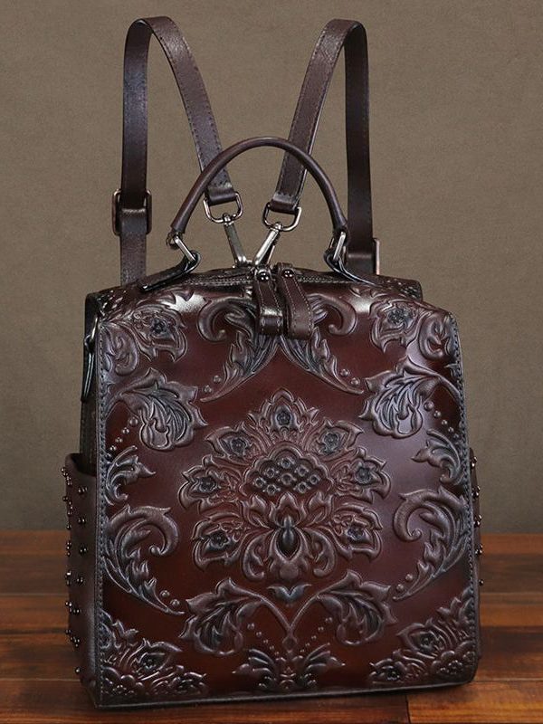 Classy Brown Emboss Rivet Calf Leather Backpack Bag