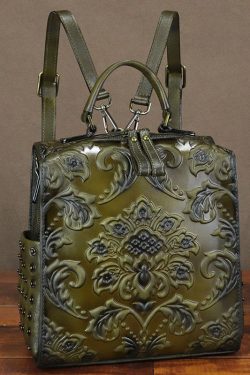 Classy Brown Emboss Rivet Calf Leather Backpack Bag