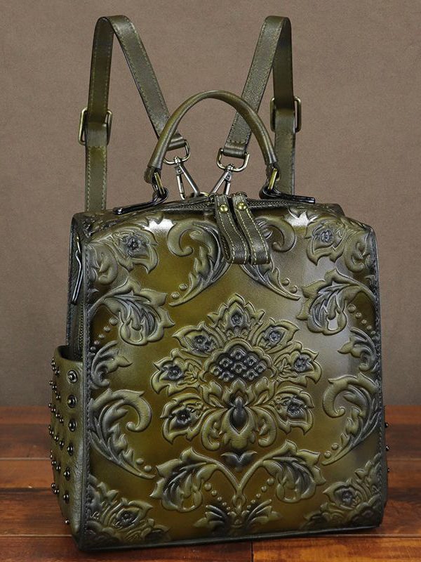 Classy Brown Emboss Rivet Calf Leather Backpack Bag