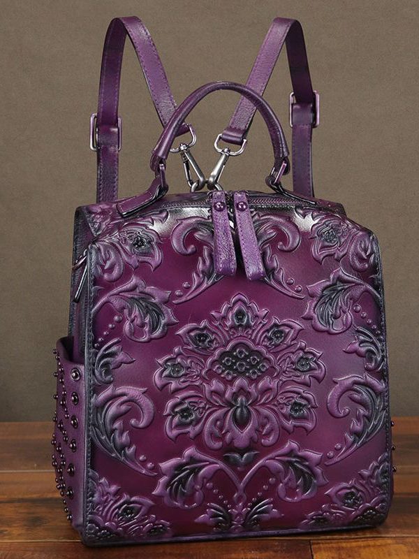 Classy Brown Emboss Rivet Calf Leather Backpack Bag