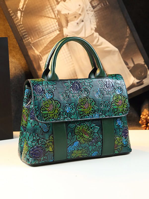 Classy Brown Embossed Large Capacity Calf Leather Tote Handbag