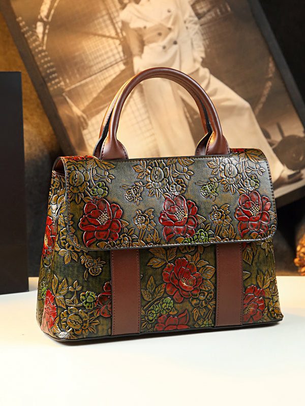 Classy Brown Embossed Large Capacity Calf Leather Tote Handbag