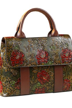 Classy Brown Embossed Large Capacity Calf Leather Tote Handbag