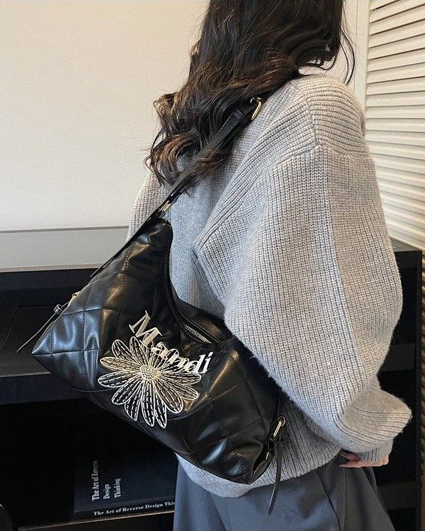 Classy Brown Embroidered Flower Letter Faux Leather Messenger Bag