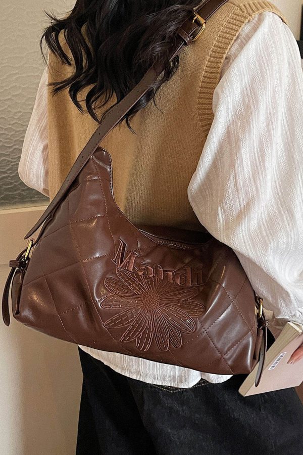 Classy Brown Embroidered Flower Letter Faux Leather Messenger Bag