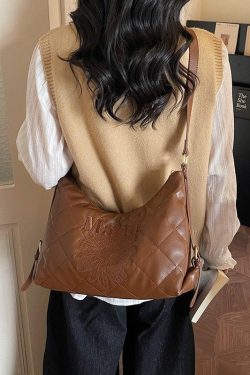 Classy Brown Embroidered Flower Letter Faux Leather Messenger Bag