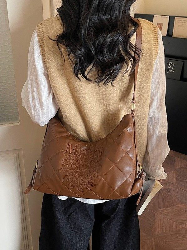 Classy Brown Embroidered Flower Letter Faux Leather Messenger Bag