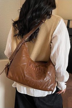 Classy Brown Embroidered Flower Letter Faux Leather Messenger Bag