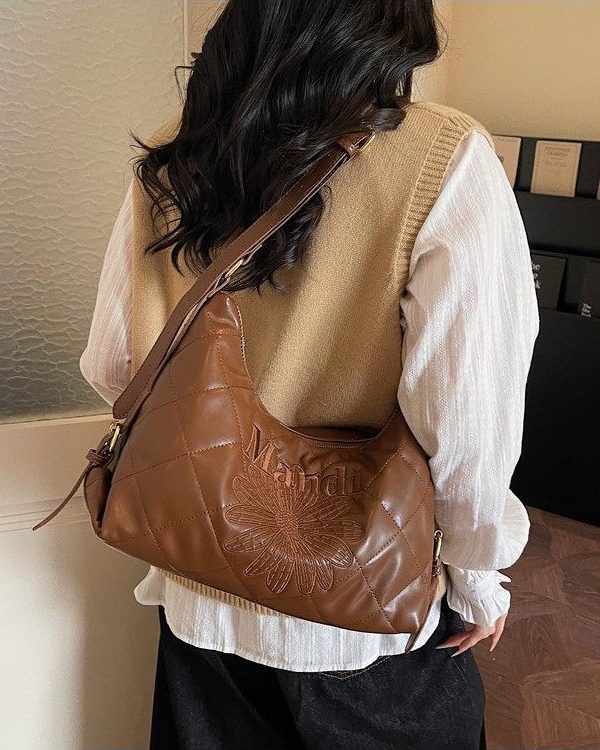 Classy Brown Embroidered Flower Letter Faux Leather Messenger Bag