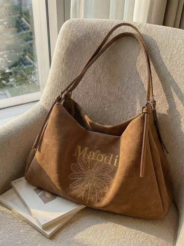 Classy Brown Embroidered Flower Letter Faux Leather Women Handbag