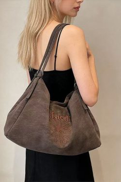 Classy Brown Embroidered Flower Letter Faux Leather Women Handbag