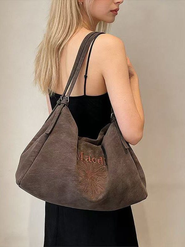 Classy Brown Embroidered Flower Letter Faux Leather Women Handbag