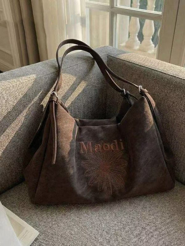 Classy Brown Embroidered Flower Letter Faux Leather Women Handbag