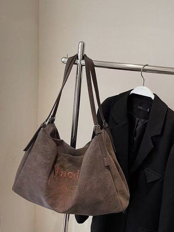 Classy Brown Embroidered Flower Letter Faux Leather Women Handbag