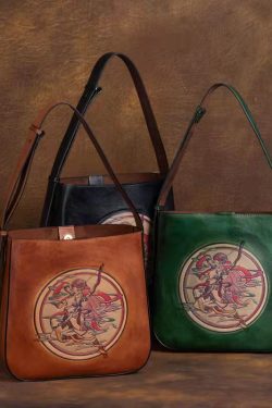 Classy Brown Large Capacity Paitings Calf Leather Satchel Handbag