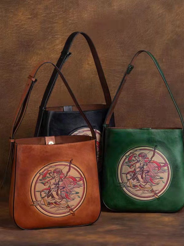 Classy Brown Large Capacity Paitings Calf Leather Satchel Handbag