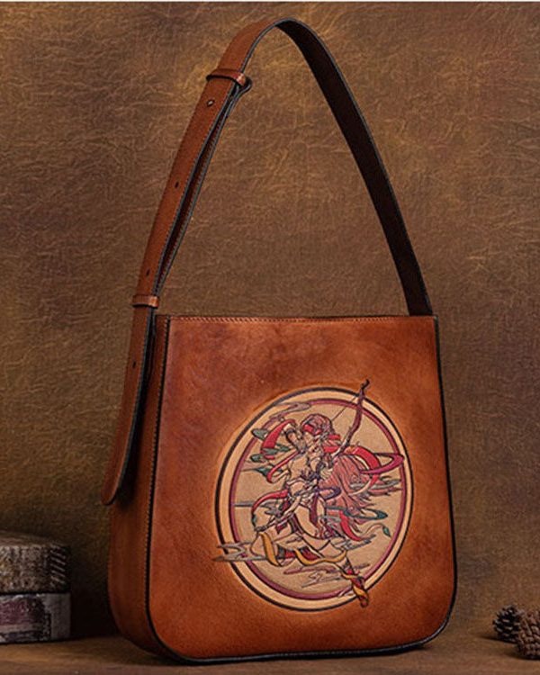 Classy Brown Large Capacity Paitings Calf Leather Satchel Handbag