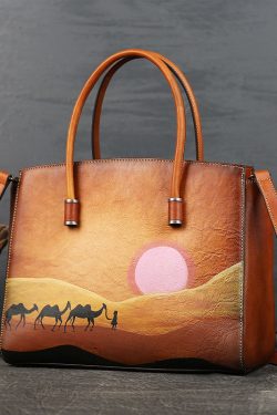 Classy Brown Paitings Calf Leather Tote Handbag