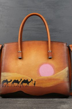 Classy Brown Paitings Calf Leather Tote Handbag