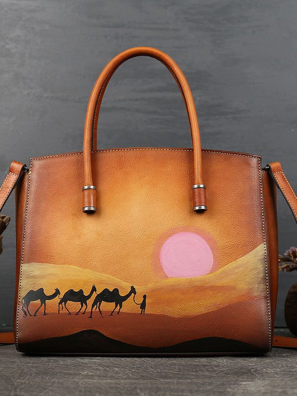 Classy Brown Paitings Calf Leather Tote Handbag