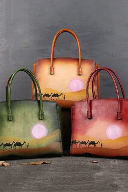 Classy Brown Paitings Calf Leather Tote Handbag