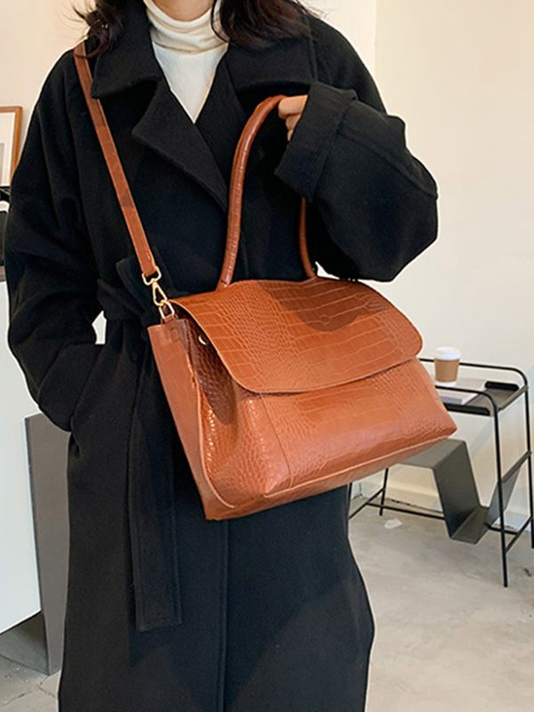 Classy Brown Patchwork Faux Leather Messenger Bag