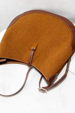 Classy Brown Patchwork Solid Durable Suede Saddle Bag
