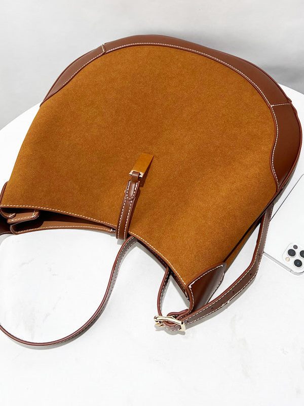 Classy Brown Patchwork Solid Durable Suede Saddle Bag