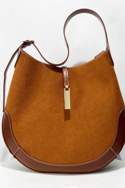 Classy Brown Patchwork Solid Durable Suede Saddle Bag