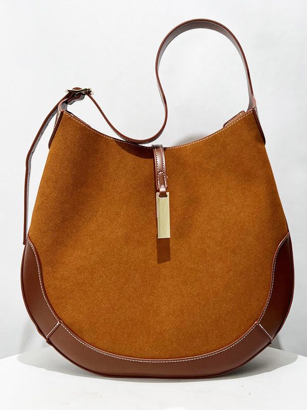 Classy Brown Patchwork Solid Durable Suede Saddle Bag