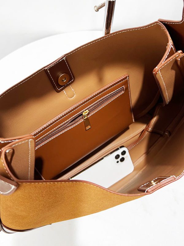 Classy Brown Patchwork Solid Durable Suede Saddle Bag