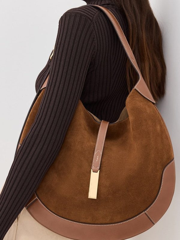 Classy Brown Patchwork Solid Durable Suede Saddle Bag