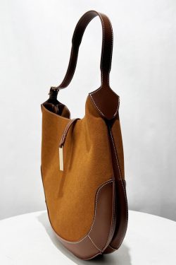 Classy Brown Patchwork Solid Durable Suede Saddle Bag