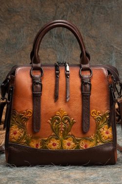 Classy Brown The Sunflowers Embossing Calf Leather Tote Handbag