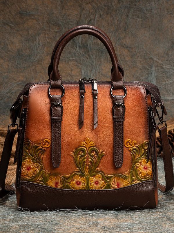 Classy Brown The Sunflowers Embossing Calf Leather Tote Handbag