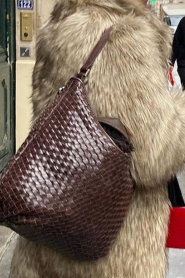 Classy Brown Weave Design Large Capacity Faux Leather Women Handbag