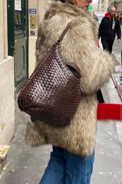 Classy Brown Weave Design Large Capacity Faux Leather Women Handbag