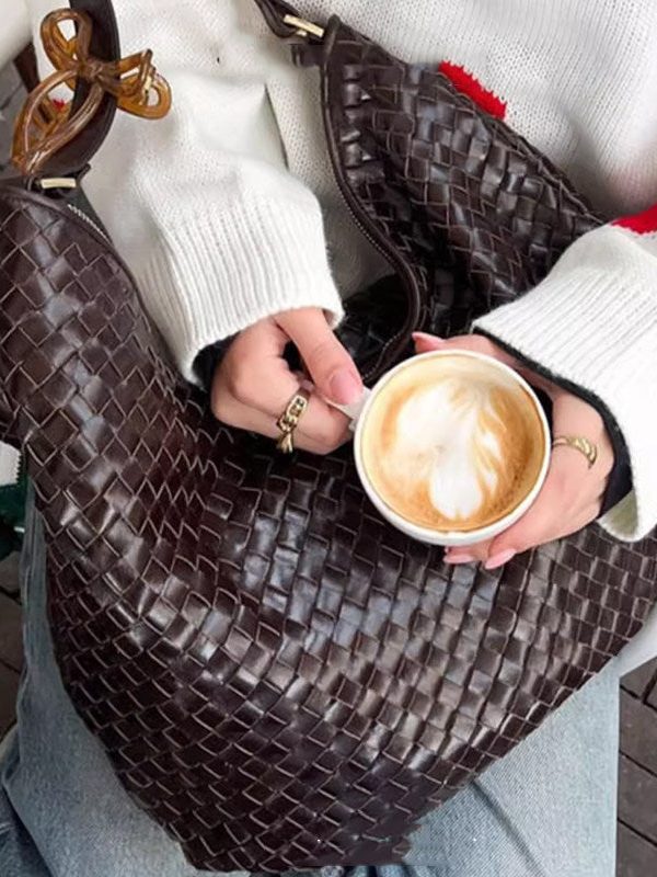 Classy Brown Weave Design Large Capacity Faux Leather Women Handbag