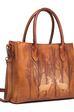 Classy Brown Yellow Print Paitings Leather Tote Handbag