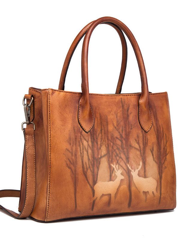 Classy Brown Yellow Print Paitings Leather Tote Handbag