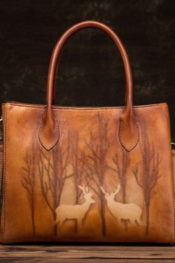 Classy Brown Yellow Print Paitings Leather Tote Handbag