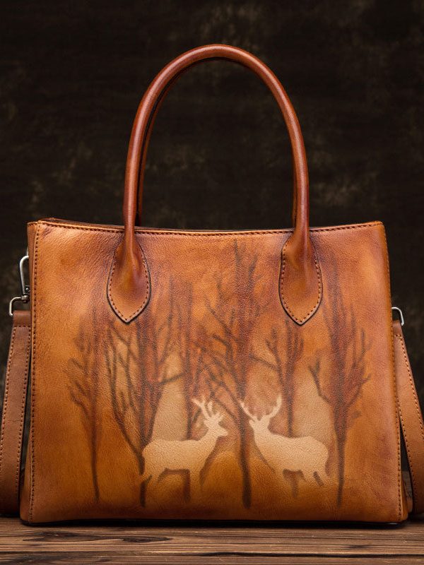 Classy Brown Yellow Print Paitings Leather Tote Handbag