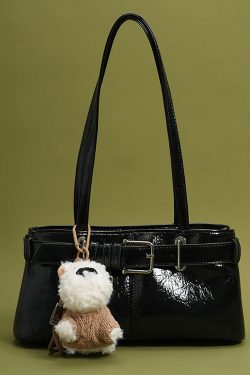 Classy Chocolate Solid Durable Dog Decorated Faux Leather Satchel Handbag