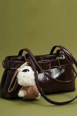 Classy Chocolate Solid Durable Dog Decorated Faux Leather Satchel Handbag