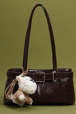 Classy Chocolate Solid Durable Dog Decorated Faux Leather Satchel Handbag