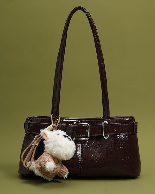 Classy Chocolate Solid Durable Dog Decorated Faux Leather Satchel Handbag